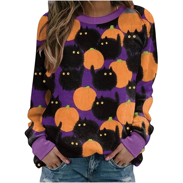 Chandail en Molleton d'Halloween pour Femmes Citrouille Drôle et Cat Imprimé Manches Longues Col Rond Graphique Chandail Décontracté d'Automne