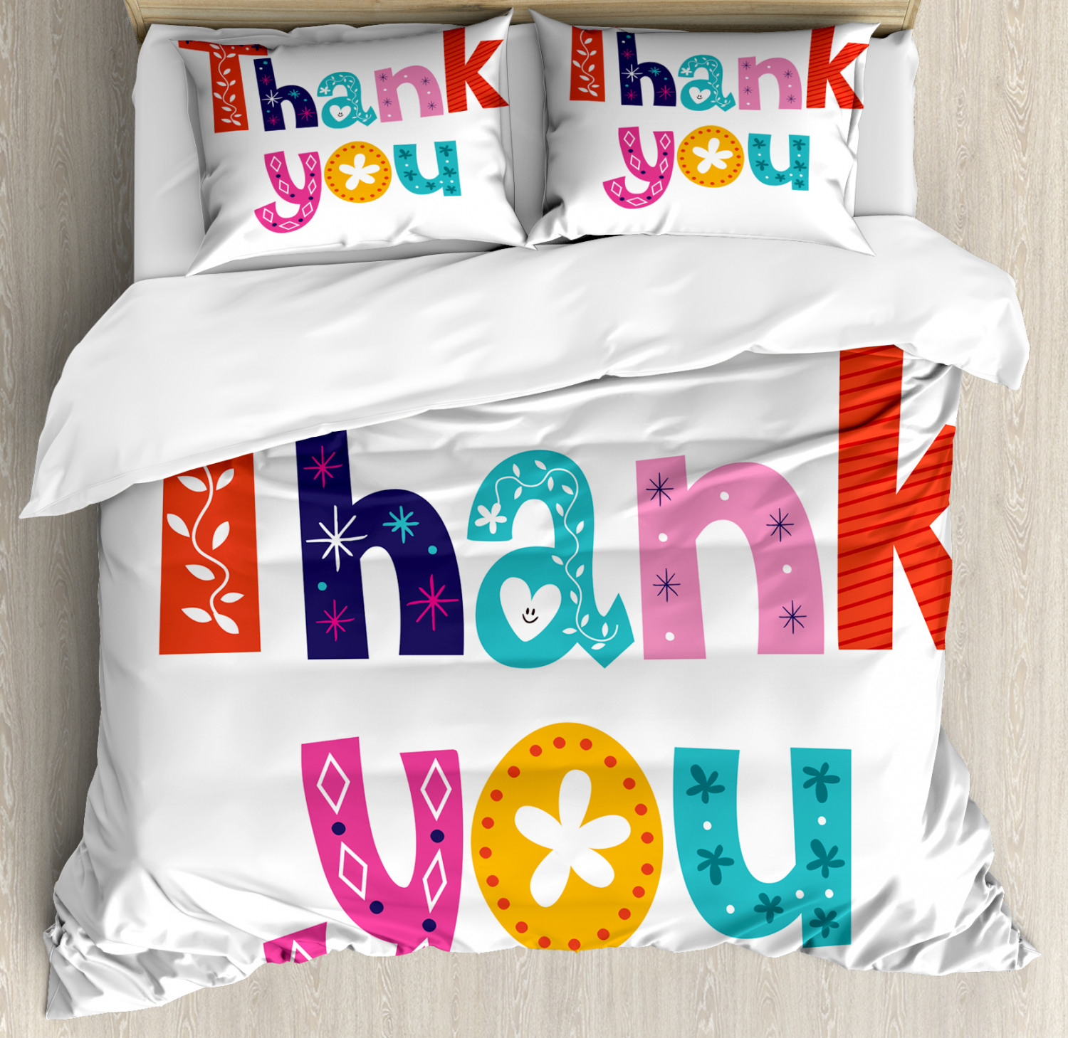 Thank You Duvet Cover Set King Size, Floral Ornamental Lettering Polka ...