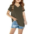 thumbnail image 4 of Pitauce Big Girls Solid V-Neck T-Shirt Short Sleeve Basic Shirt Kids Summer Tops Casual Tee Tops, 3-14 Years, 4 of 5