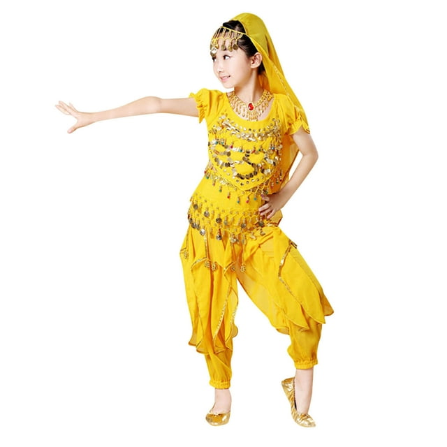 MEZZALL Ensemble de Danse du Ventre pour Enfant Fille, Doux, Jaune, 9-10 Ans