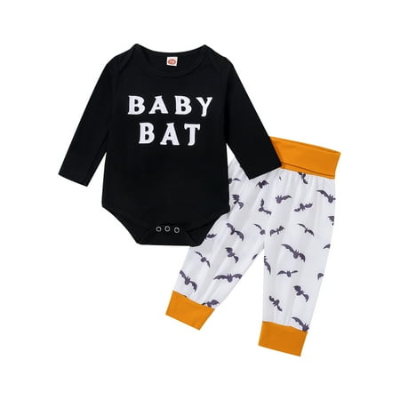 

TheFound 2Pcs Toddler Baby Boy Halloween Outfit Long Sleeve BABY BAT Letter Print Romper Tops Pants Fall Winter Clothes