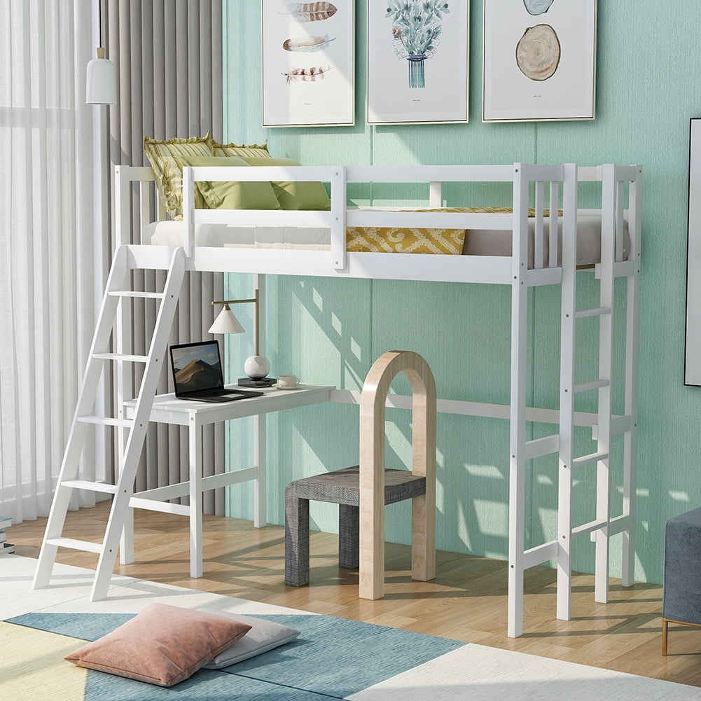 Kadyn Wood Loft Bed with Desk and Two Ladders, Twin Size Bunk Bed(White) Kadyn Wood Loft Bed with Desk and Two Ladders, Twin Size Bunk Bed(White)