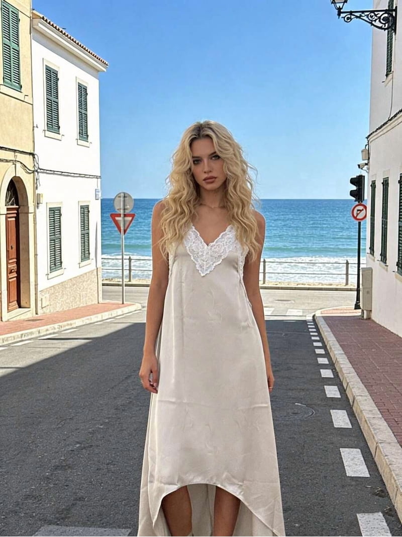 ivory slip dress long White Satin With Lace Trim High-Low Hem Sleeveless Maxi microcategory:Slip Dress