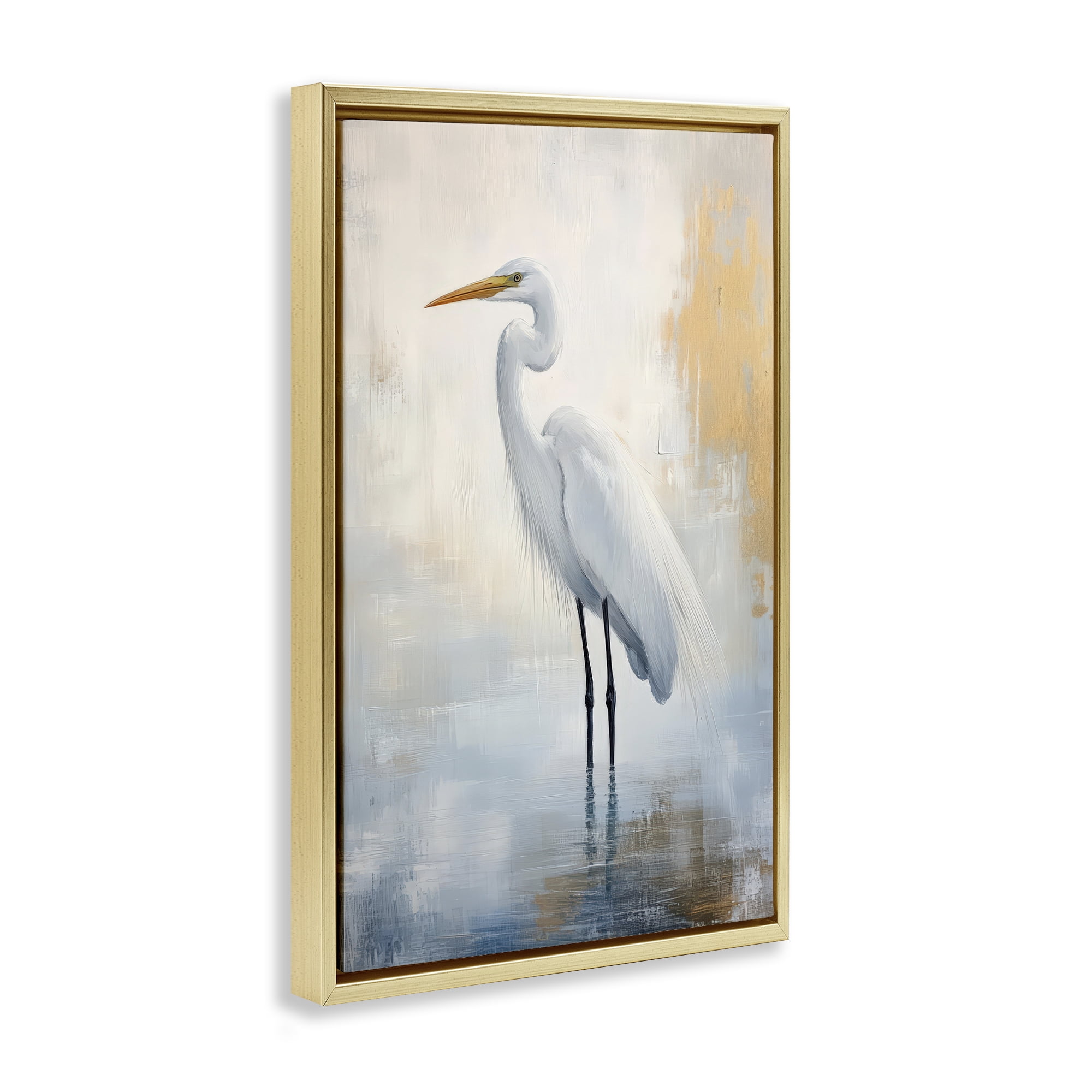 Stupell Industries Distressed Egret with Misty Reflection Gold Framed Floater Canvas Wall Art, design by Petal Prints Design