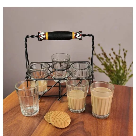 Cutting Chai Glasses with Stand | Tea Glass Set of 6 with Stand-120 Ml