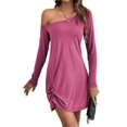 thumbnail image 2 of Womens One Shoulder Tunic Long Sleeve Solid Twist Hem Mini Dress Dressy Casual Loose Spring Summer Dress Rose Red S, 2 of 9