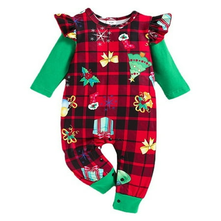 

Glonme Baby Jumpsuit Long Sleeve Romper Christmas Bodysuit Home Cute Playsuit Casual Plaid Red Green 12-18M/90