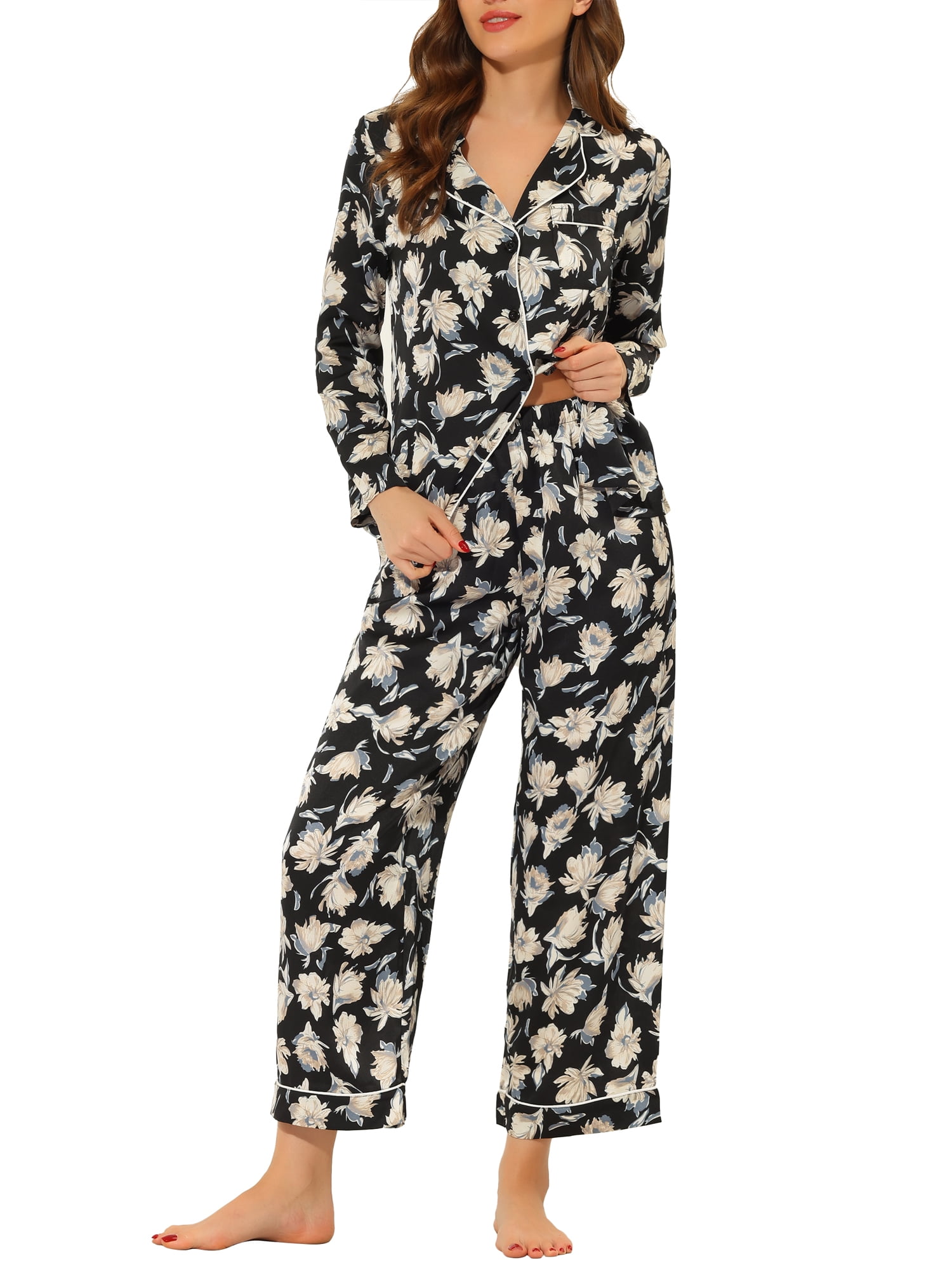 Unique Bargains Women's Pajama Sleep Shirt Nightwear Sleepwear Lounge Satin Pj Sets