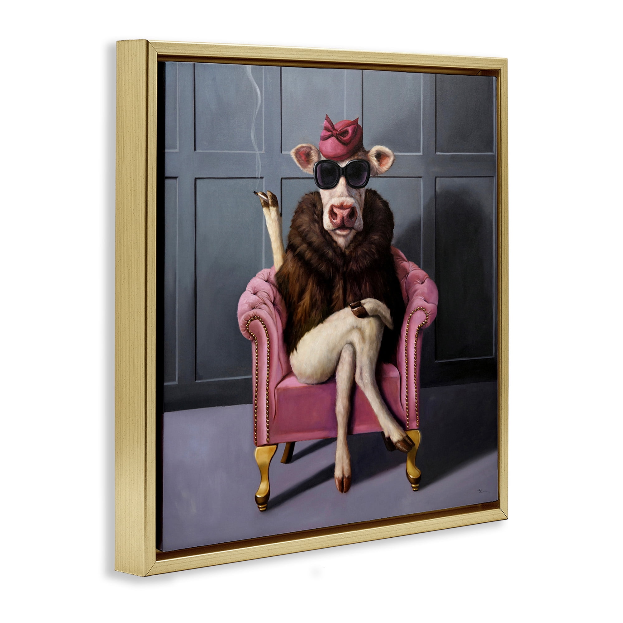 Stupell Industries Trendy Pink Glam Cow Animals & Insects Painting Gold Floater Framed Canvas Art Print Wall Art, 18 x 18