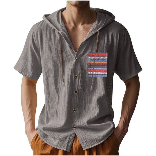 Camisa de Manga Corta de los Hombres con Capucha de Cárdigan Impresa con Botón con Bolsillos Top Casual para Primavera Verano