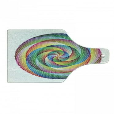 Rainbow Cutting Board, Spiral Rosette Pattern with Wavy Stripes Abstract Contemporary Design, Decorative Tempered Glass Cutting and Serving Board, Wine Bottle Shape, Multicolor, by Ambesonne