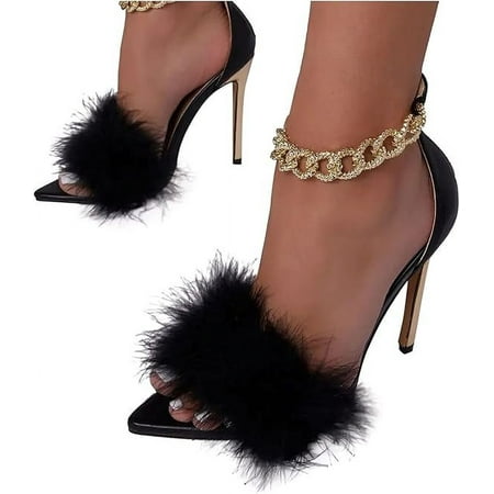 

hotio 2024 Women s Sandals Hairy Chain Ankle Strap High Heels Sandals Open Toe Sexy Fashion Pumps Dressy Sandals for Women Casual Summer Beige