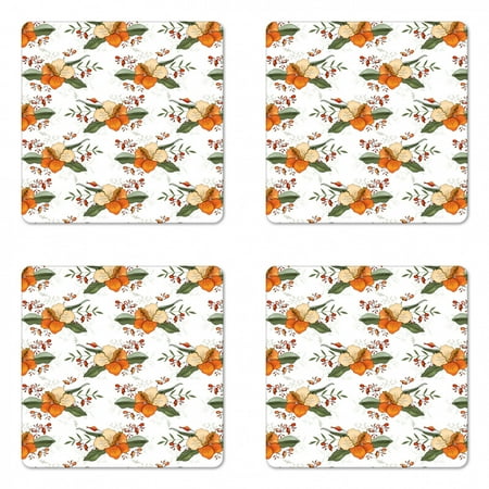 

Floral Coaster Set of 4 Vintage Art Pattern Highly Detailed Blooming Flower Sketches Pattern Square Hardboard Gloss Coasters Standard Size White Orange Olive Green by Ambesonne