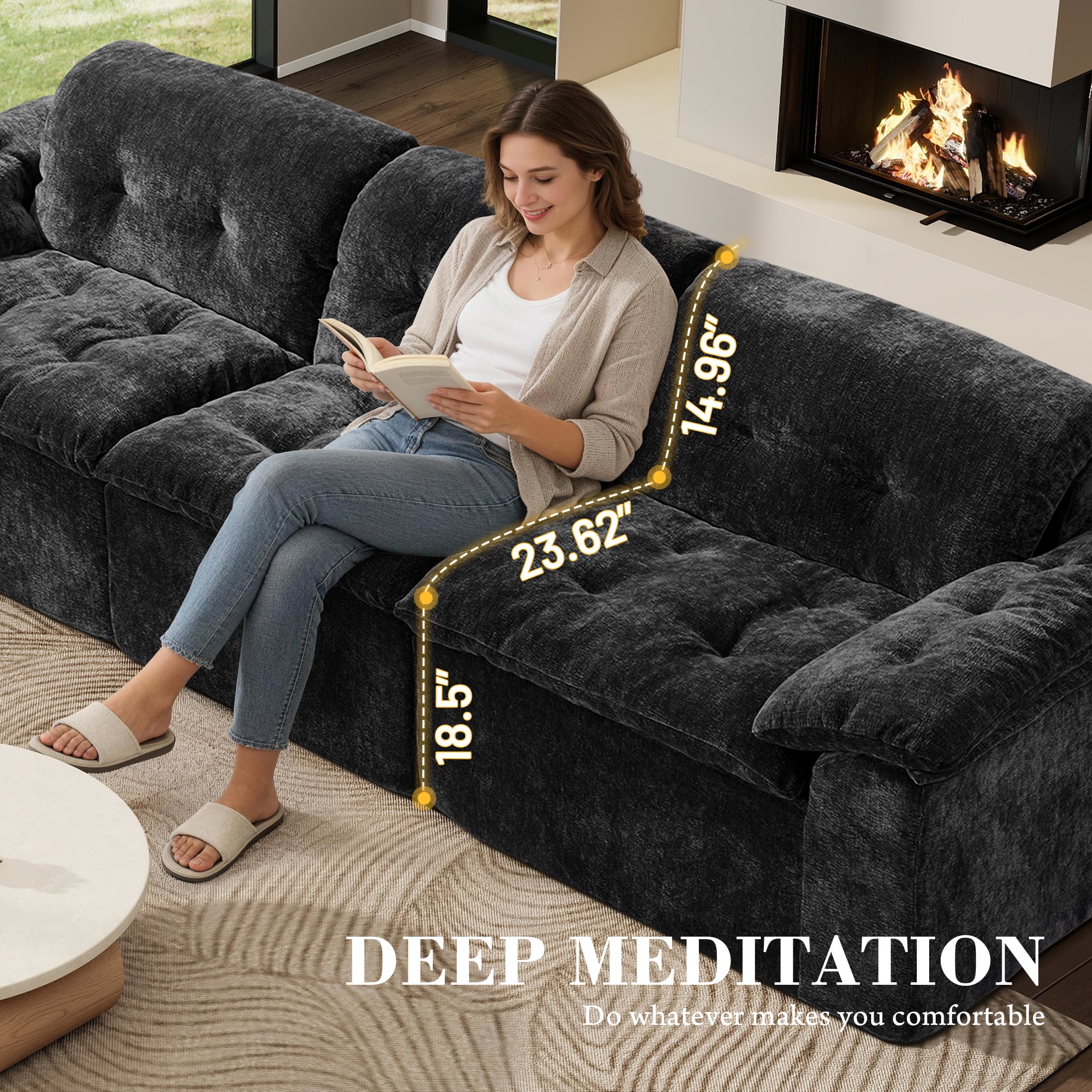 Aukfa 3-Piece Cloud Modular Sectional Sofa for Living Room, Ice Flower Chenille, Black