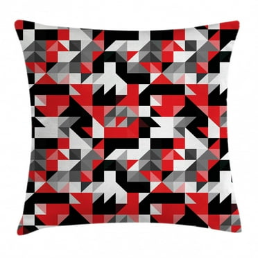 Red and Black Throw Pillow Cushion Cover, Abstract Geometric Half Triangles Squares Maze Inspired Image, Decorative Square Accent Pillow Case, 24 X 24 Inches, Charcoal Grey and White, by Ambesonne