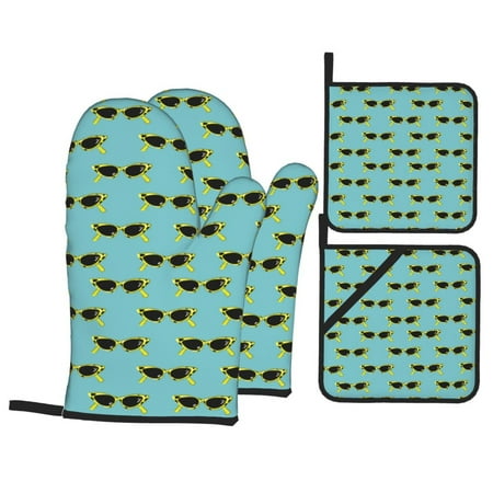 

Oven Mitts and Pot Holders Sets 4 pcs - Retro Summer Sunglasses Heat Resistant Silicone Oven Gloves with Non-Slip Silicone Surface and hot pads for kitchen Baking Cooking BBQ