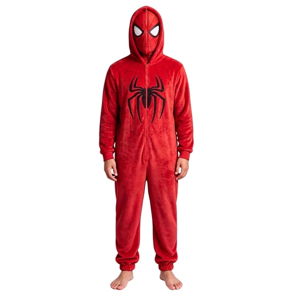 Family Matching Spider Superhero Bodysuit, Hooded Mask Long Sleeve Flannel Romper Costume for Comic Expo and Gift, Red, M