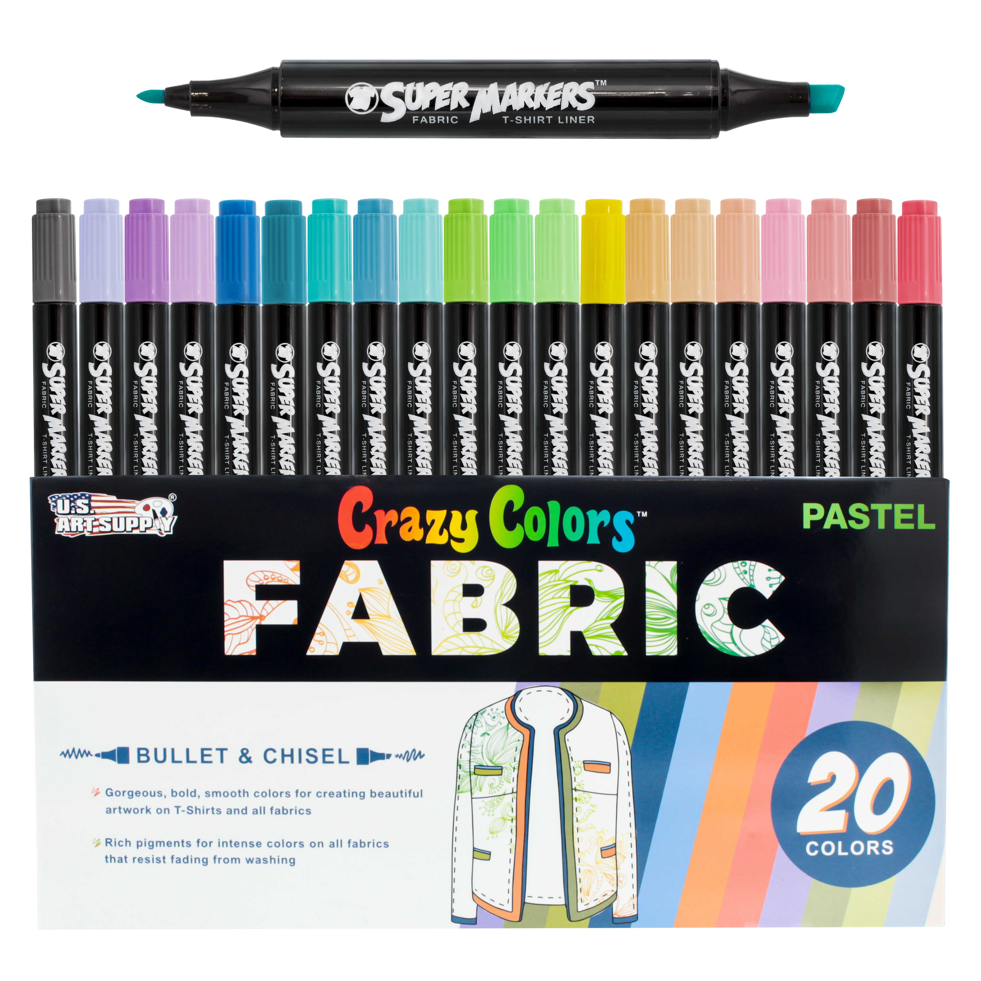 U.S. Art Supply Crazy Colors Fabric Markers 20 Color Set Dual Tip