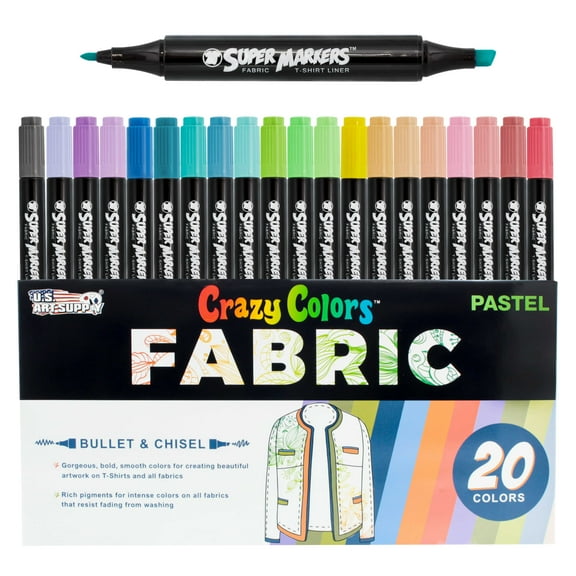Crazy Colors Dual Tip Fabric & T-Shirt Marker 20 Color Pastel Set - Bullet & Chisel Tips