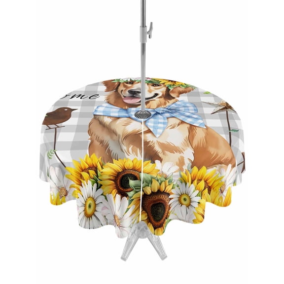Outdoor Tablecloth with Umbrella Hole for Patio/Picnic/Party/Camping, Sunflowers Dog Waterproof Table Cloth Round Cover Washable, Spring Watercolor Floral Stars Grey Plaid (Dia 54")