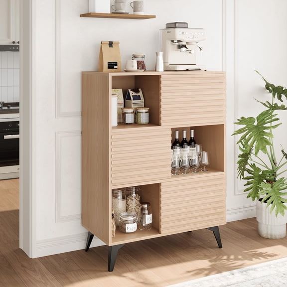 Juiluna Modern Accent Cabinet with Doors and 3-Tier Storage Cabinet, Wooden Buffet Display Stand with Strong Legs for Living Room, Dining Room, Kitchen, Hallway (Natural Wood)