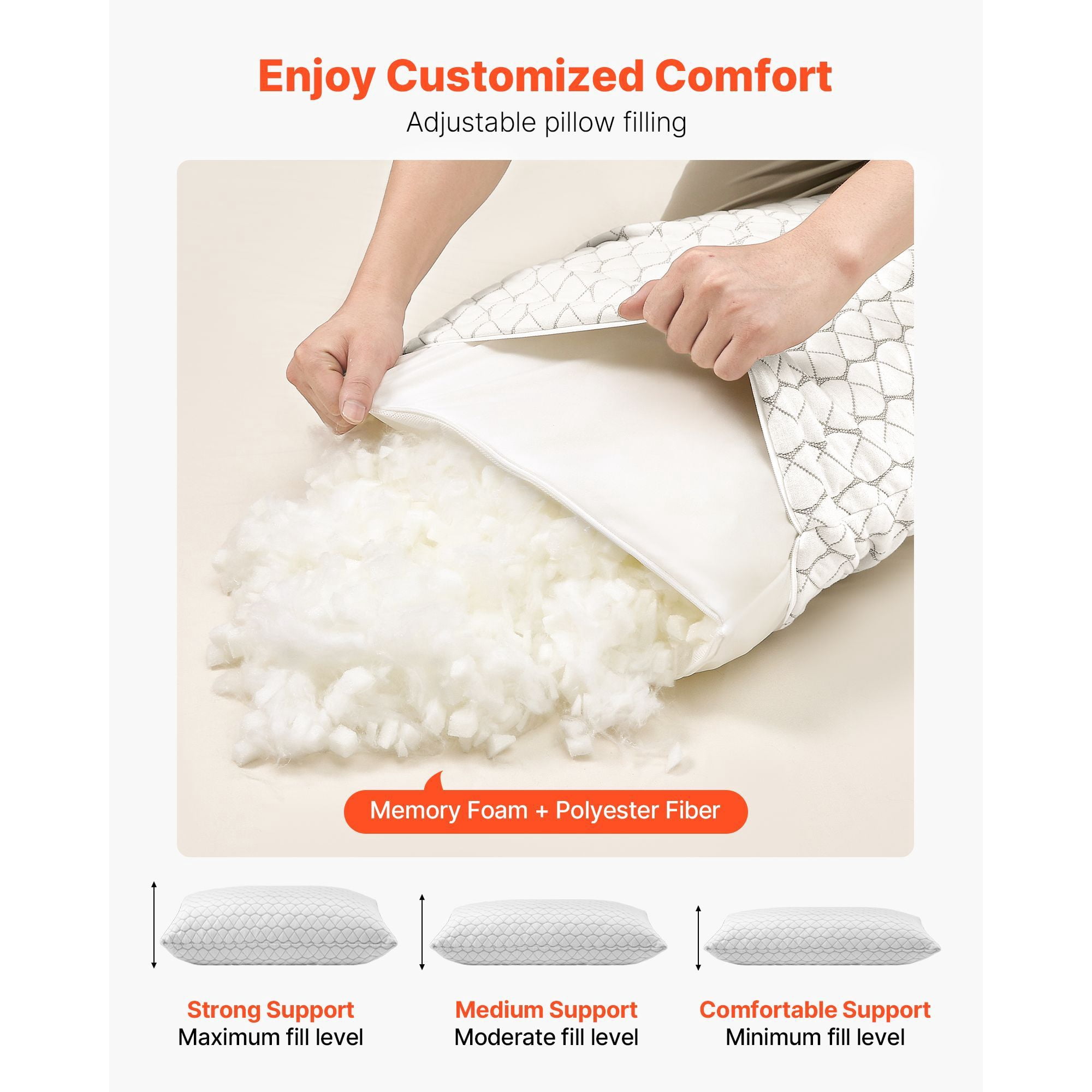 Queen Size Adjustable Memory Foam Pillow with Extra 0.5 lbs Filling for Neck Support Sleep