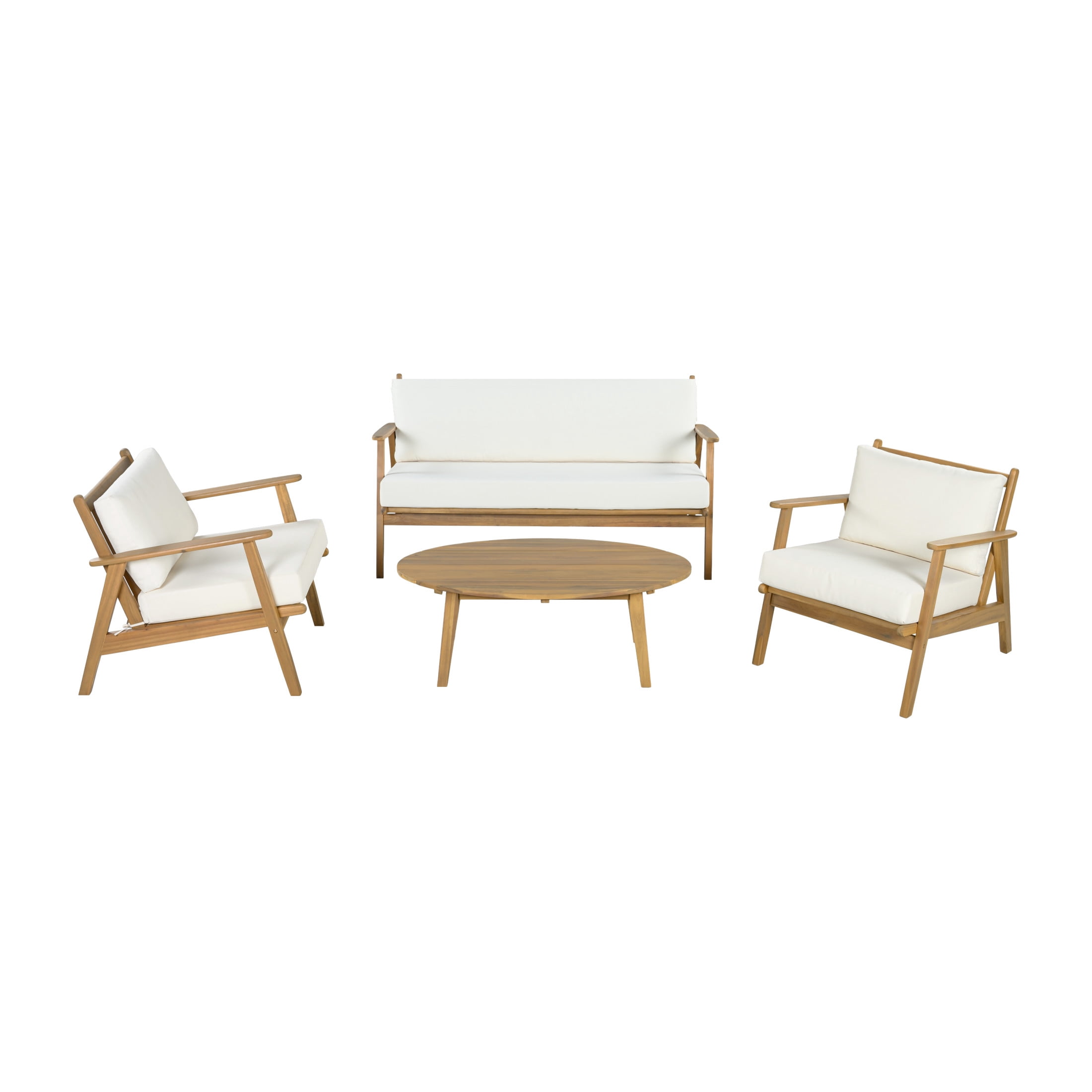 Christopher Knight Home 4-Piece Wood Patio Conversation Set with Loveseat, Chairs & Table, Light Teak+Beige