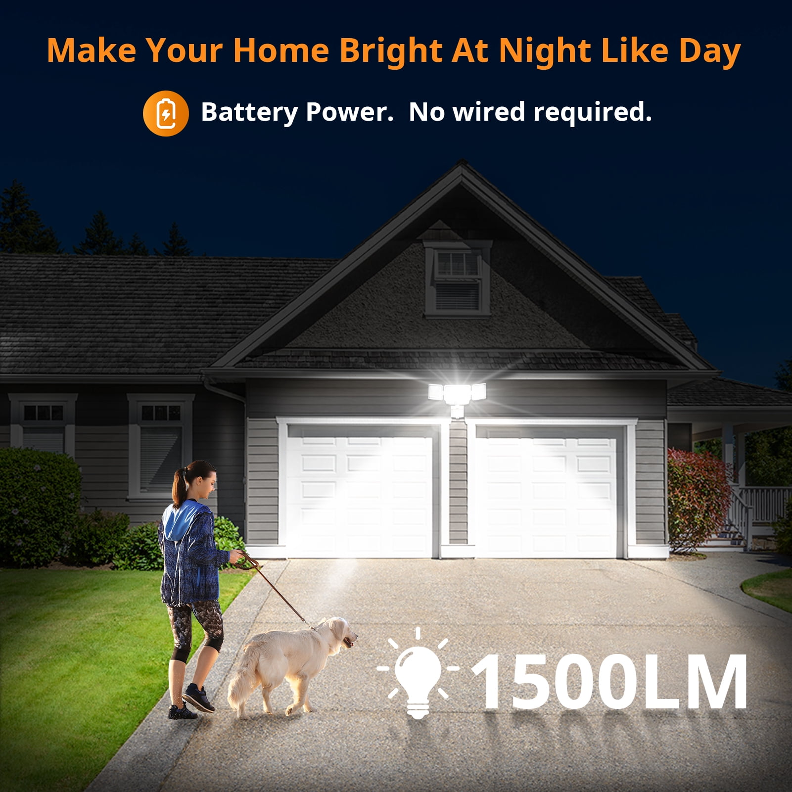 LEPOWER Battery Powered LED Flood Light Outdoor,1500 LM, 5000 K, IP65 Waterproof, Wireless Flood Light Battery Operated, 3 Head Motion Detector Light for Garage, Yard, Porch, White