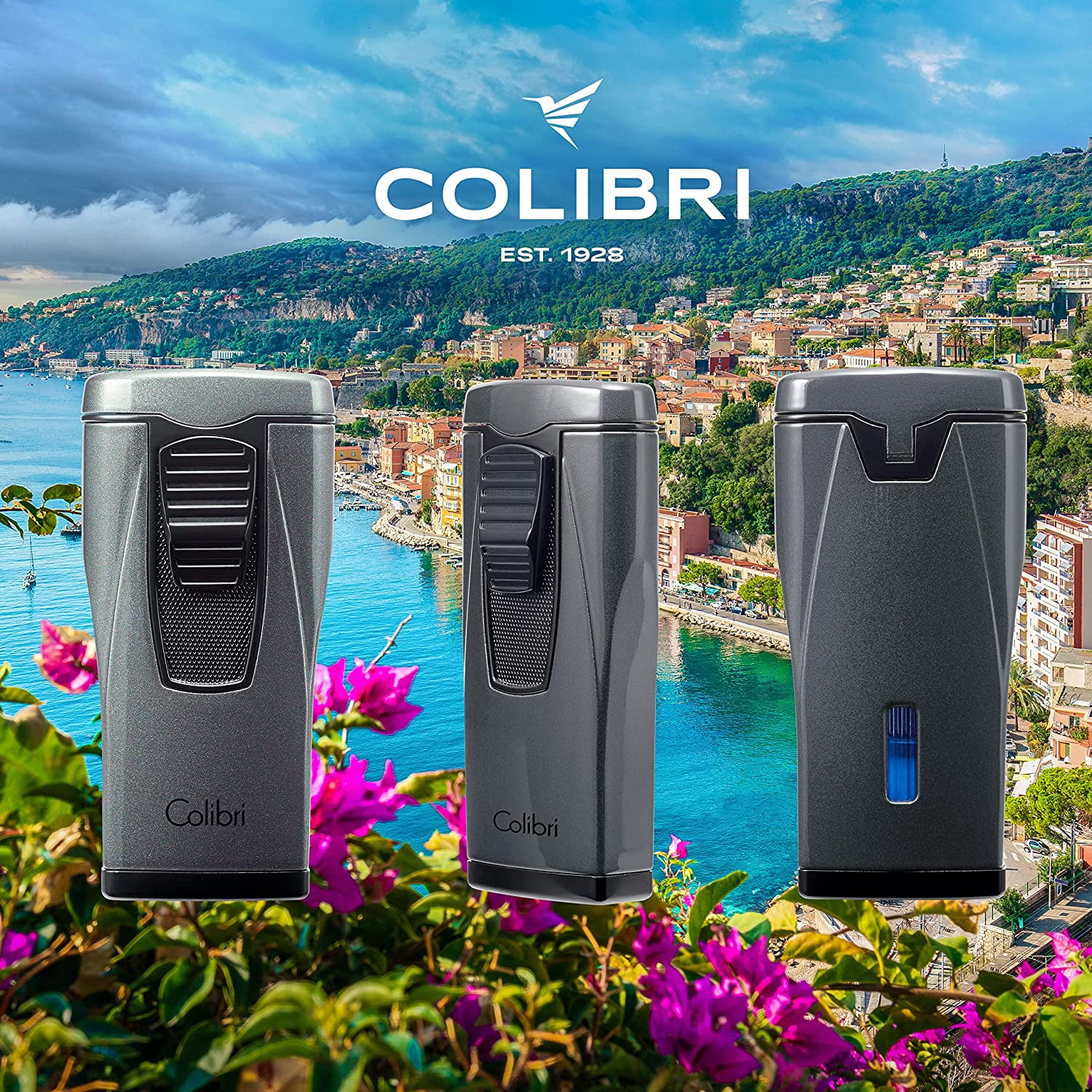 Colibri Monaco Triple Jet Flame Lighter - Windproof & Refillable, Cigar Enthusiast's Choice with Blue Fuel Window and Adjustable Flame (Metallic Charcoal)