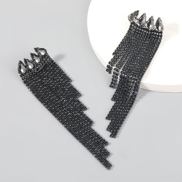 Borla larga Diamante de imitación completo, Pendientes colgantes, Moda / Pendientes de moda para mujer Pendiente para damas de compromiso negro Salvador Pendientes largos de borla