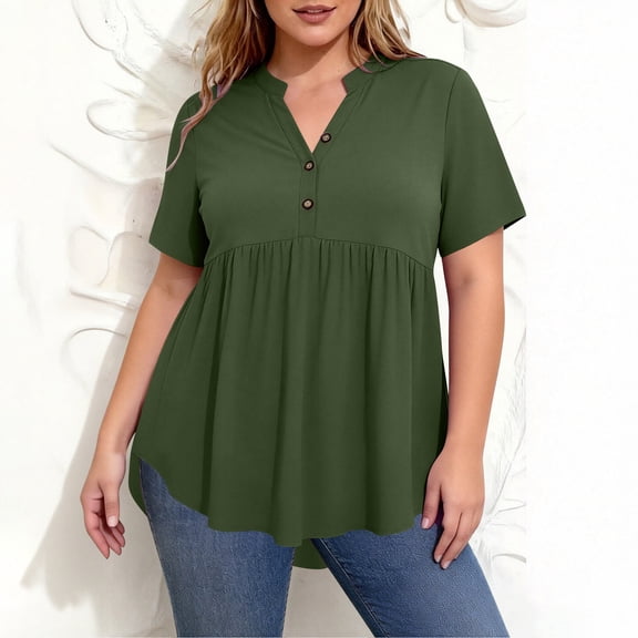 TaTaai Womens Plus Size Solid Color Casual Top V-Neck Decorative Buttons Soft Stretchy Fabric Breathable Lightweight 3/4 Sleeve Relaxed Fit Daily Wear Work Vacation Beach Outfit Gift