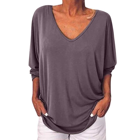 GustaveDesign Womens Plus Size V Neck Loose Blouse 3/4 Sleeve Back Buttons T Shirts Casual Solid Tops For Summer Fall "Gray, XL"