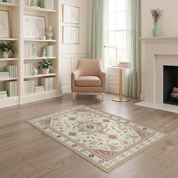 ODIKA Medallion Diamond Lattice Stepped Border Rectangular for Playroom, Bedroom, Reading Nook, Pet Friendly & Kids Safe Play