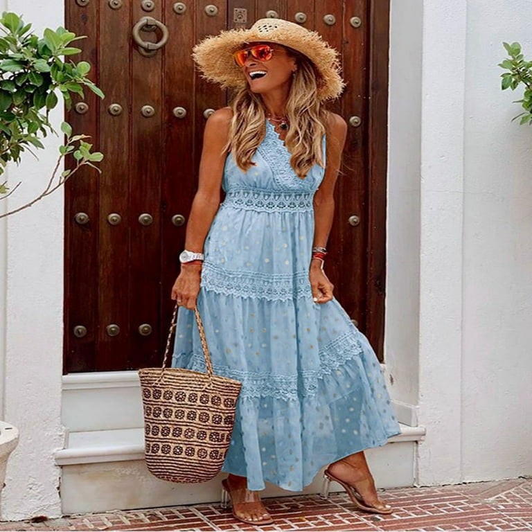 ZHAGHMIN Summer Boho Beach Dress for Women Fashion V Neck Sleeveless Empire Elastic Waist Tiered Dress Lace Trim Wedding Party Flowy Maxi Dress Blue SizeS Walmart