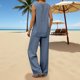 thumbnail image 4 of Pantalones de Lino de Mujer Color Sólido Suelto Larga Pierna Larga Pantalones de Cintura Elástica Verano Casual, Pantalones Casuales de las Mujeres, 4 of 9