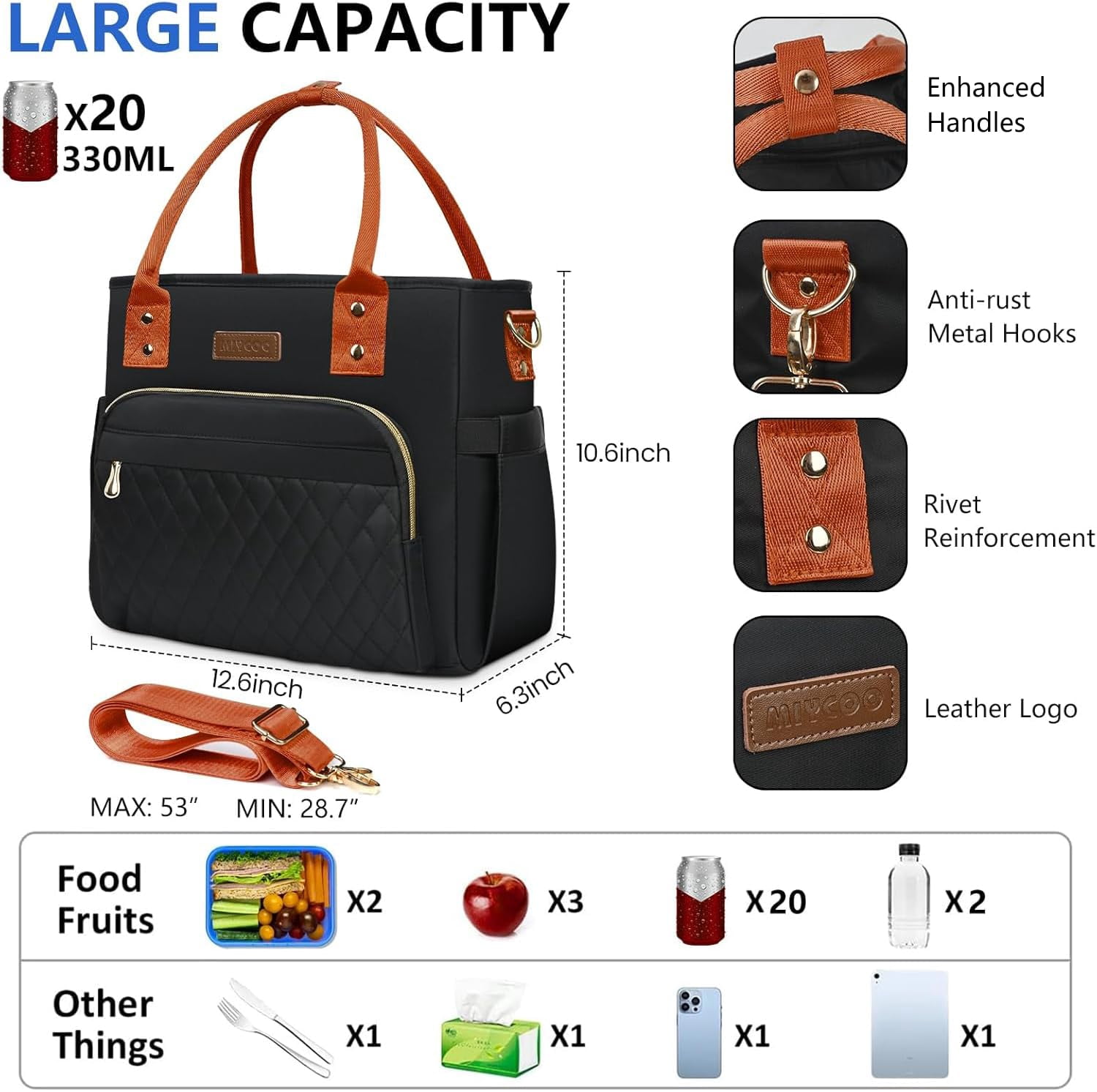 Lunch Bag Box Women - Leakproof Insulated Cooler For Large Tote Bags Adults  Black Orange