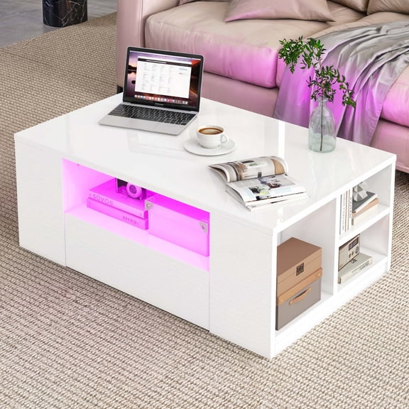 Dextrus LED Coffee Tables High Glossy Center Table with 2 Sliding Drawers and Open Side Shelf, White