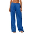 thumbnail image 2 of Cotton Linen Pants Women Flowy Comfy Low Rise Wide Leg Pants Casual Lounge Drawstring Boho Beach Palazoo Trousers Blue M, 2 of 6