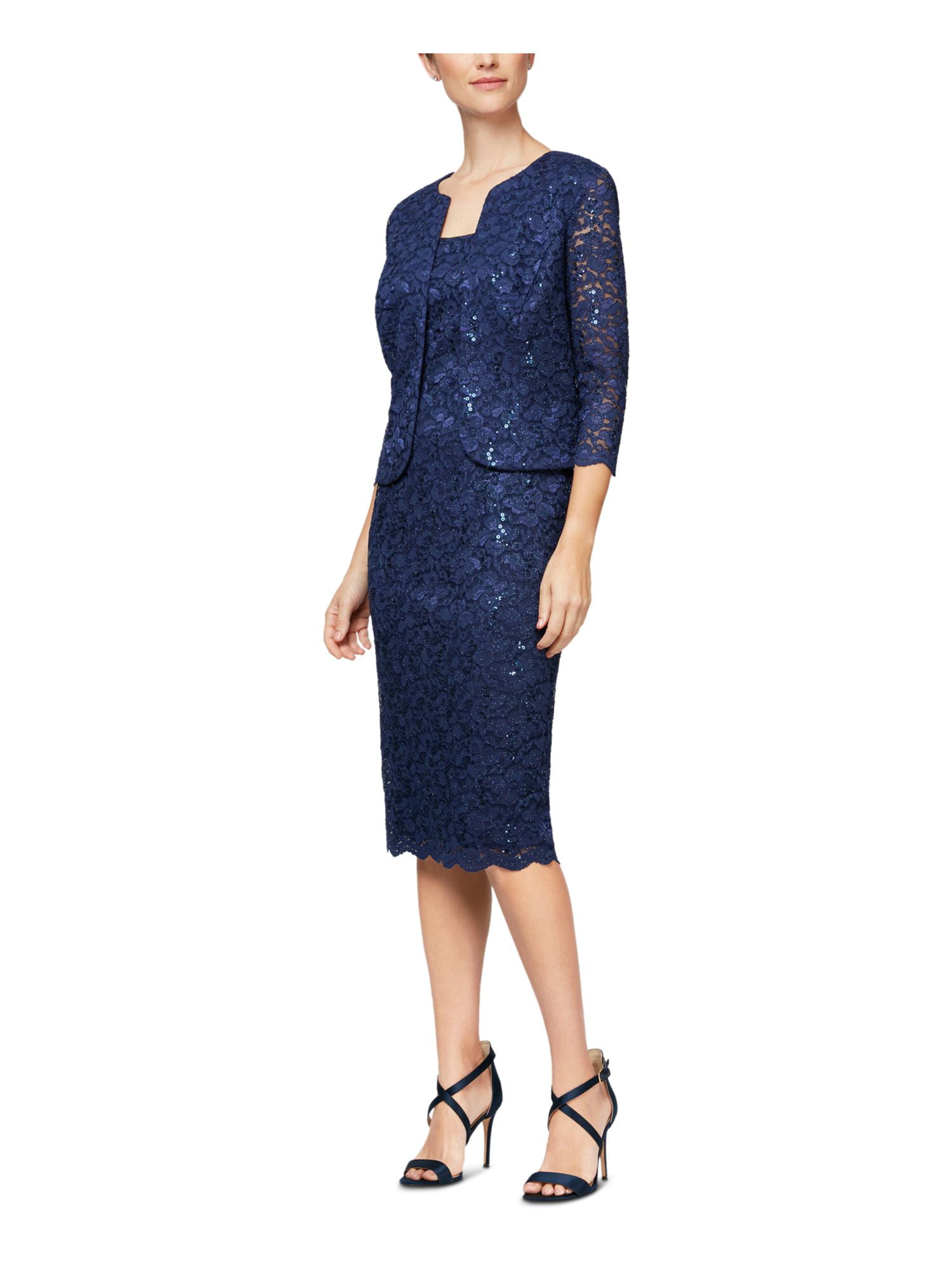 Alex Evenings Womens Petites Sequined Lace Two Piece Dress Navy 6P ...
