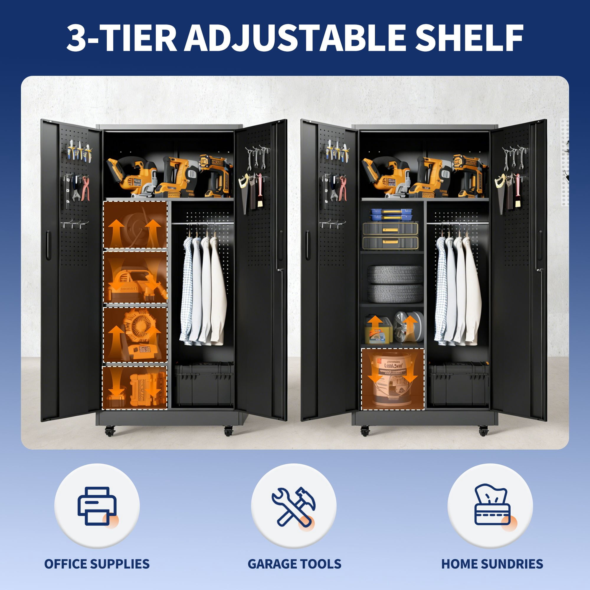 Steel Storage Cabinet with Lockable Doors, 71 in Freestanding Metal Wardrobe with Adjustable Shelves and Hanging Rod for Home, Office, School, Garage