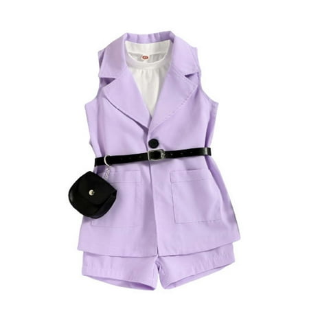 

YYDGH Girl s 4 Pieces Outfit Casual Sleeveless Vest Blazers Jacket+Blouse Top + Shorts + Waist Bag Set(Purple 5 Years)