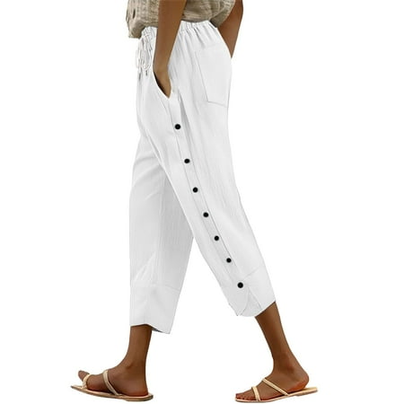 VISALY Summer Pants for Women  Bloomers for Women  Bloomers for Women  Women s Casual Pants Women s Fashion Solid Color Cotton Linen Elastic Seven Pants Beach  1 Pack Capris for Women (White  S)