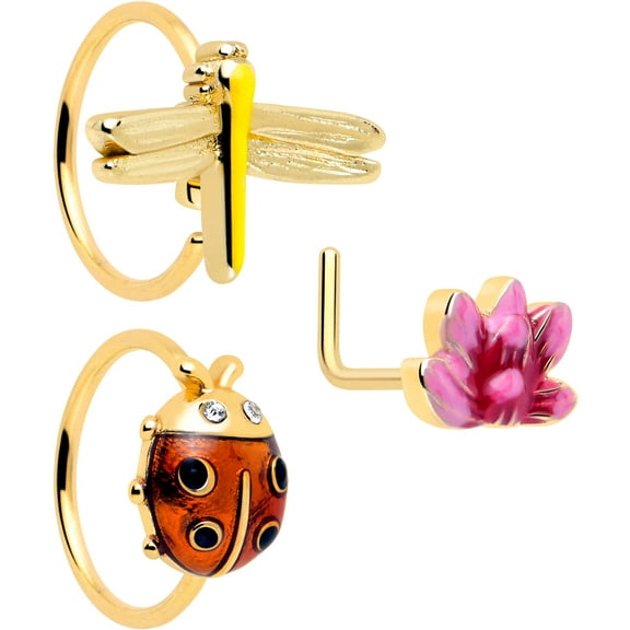 Body Candy Womens Mens 3Pc 20G Nose Ring 316L Stainless Steel Lotus Ladybug Nose Ring Nose Piercing Jewelry Pack