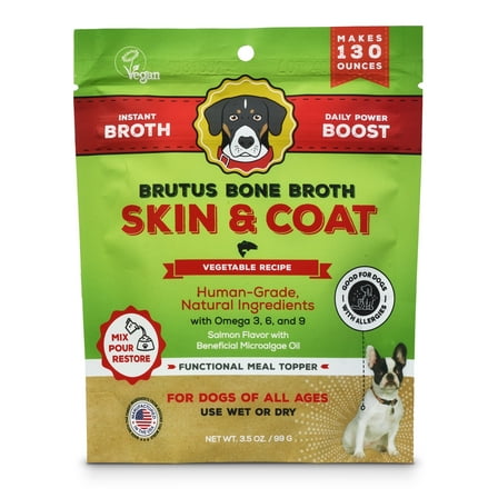 Brutus Broth Skin and Coat Meal Topper for Dogs Mega Pack (Salmon) - Pet Food Topper - Vegetable Broth Powder with Omegas 3, 6 & 9 for Skin and Coat Health - Makes Up to 130 fl oz