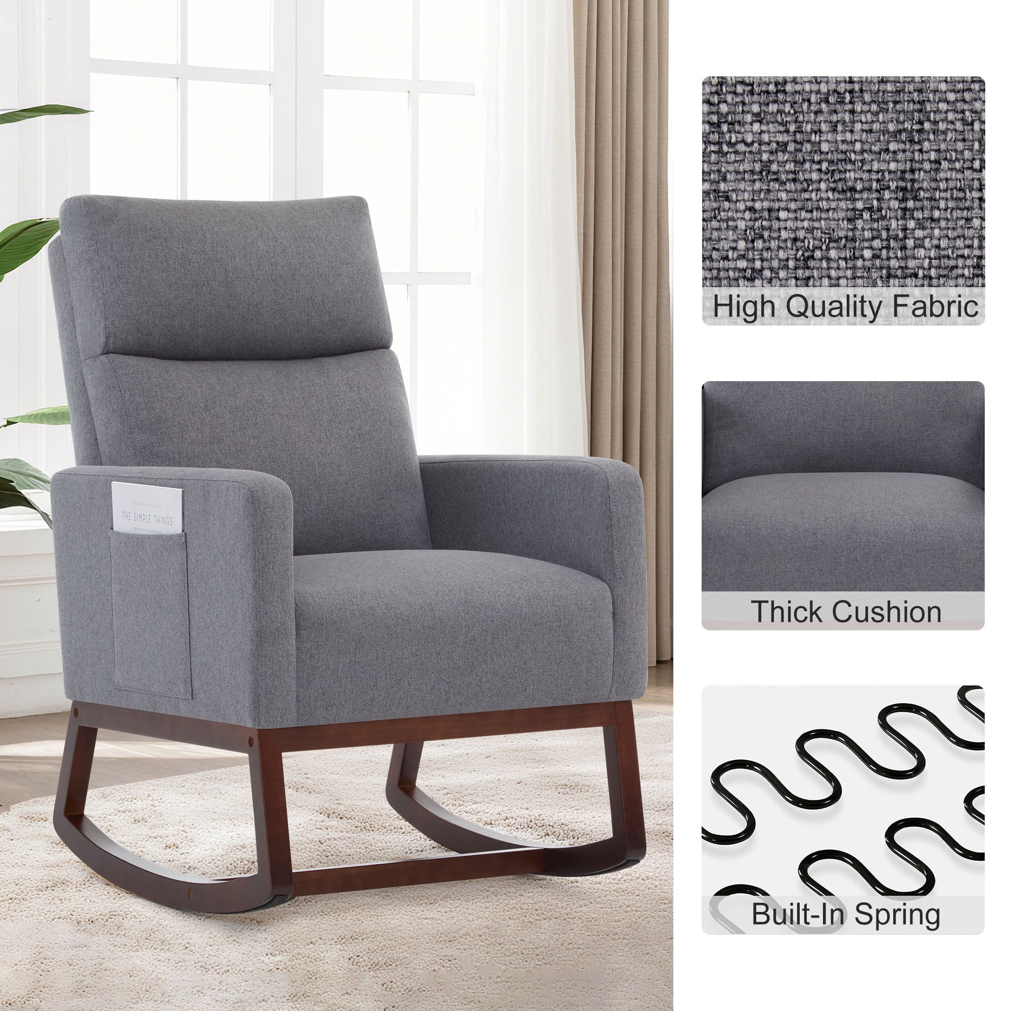 SAETSFEG Rocking Chair Nursery,Linen Upholstered Glider Rocker with Side Pocket and Wood Legs, Modern Accent Chair for Small Space, Living Room, Bedroom, Grey