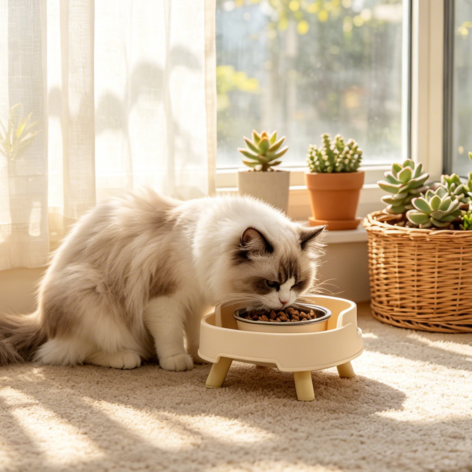 Elevated Cat Bowl with Stand - Tall Legged Raised Pet Bowl for Cats and Puppies Neck Protecting Large Diameter 300ml Drinking Water and Food Bowl Ceramic Pet Bowl Water Bowl for Dogs Beige