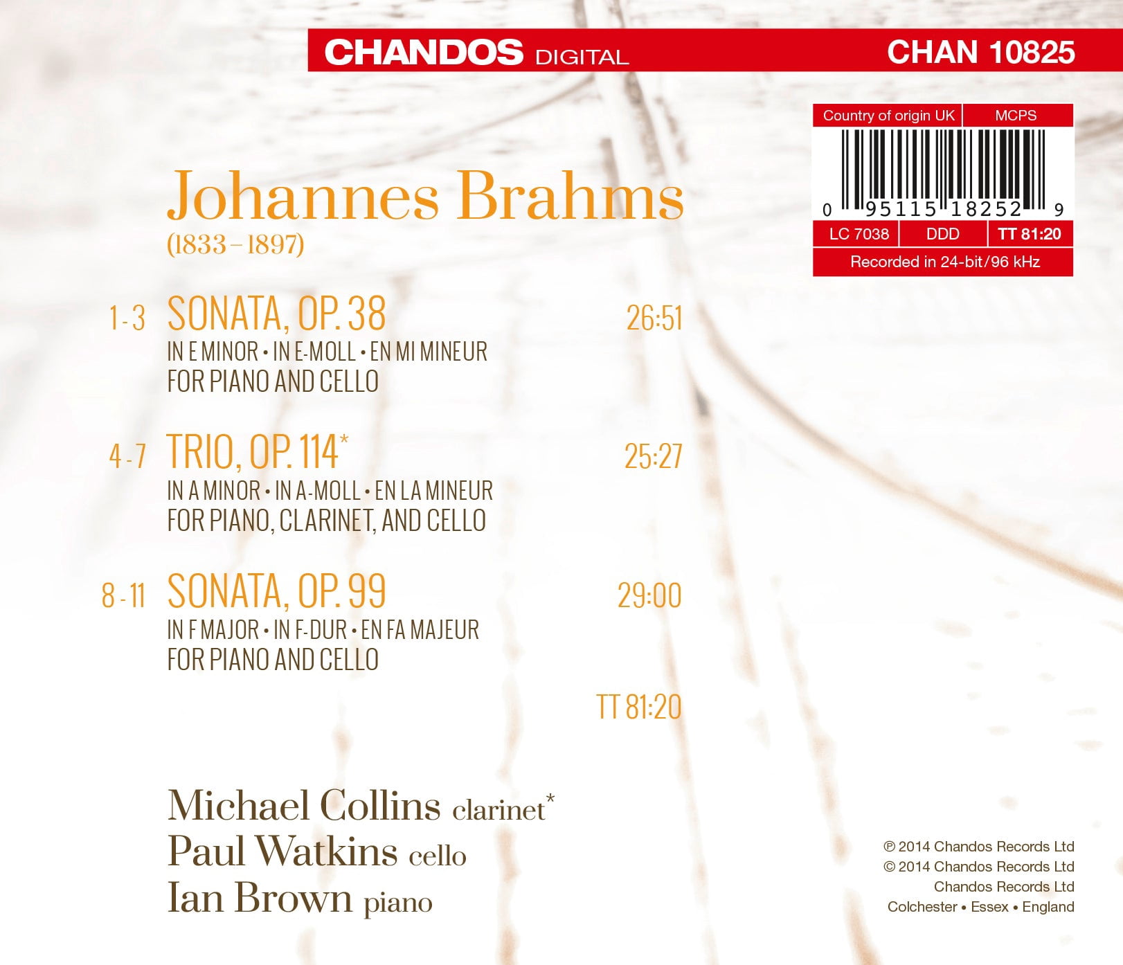 Brahms / Collins / Watkins / Brown - Clarinet Trio & Cello Sons 1 & 2 - Music & Performance - CD