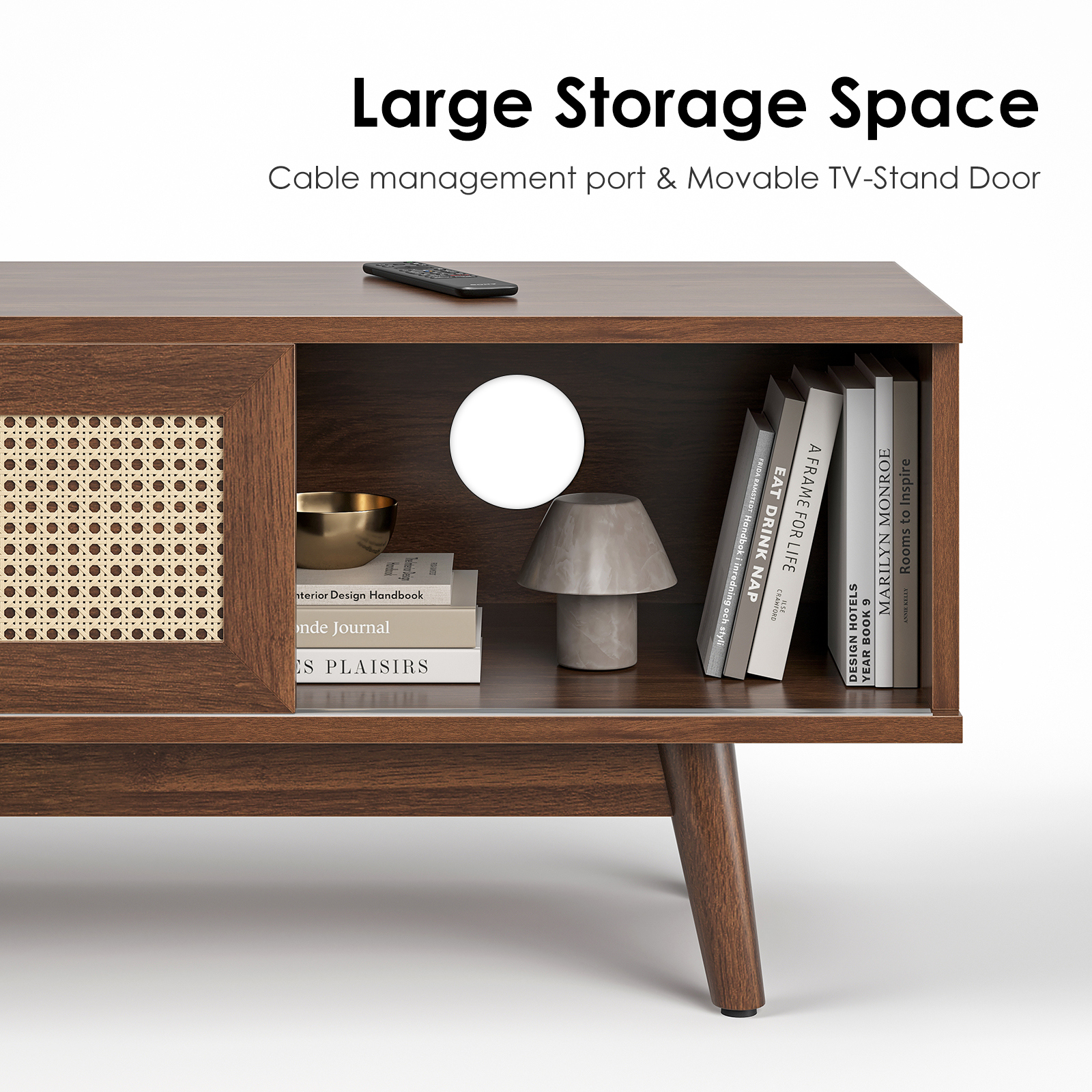 Hommoo Mid Century Modern Rattan TV Stand Up to 75", Wood TV Stand with Storage, Boho Media Console Entertainment Center for Home, Walnut