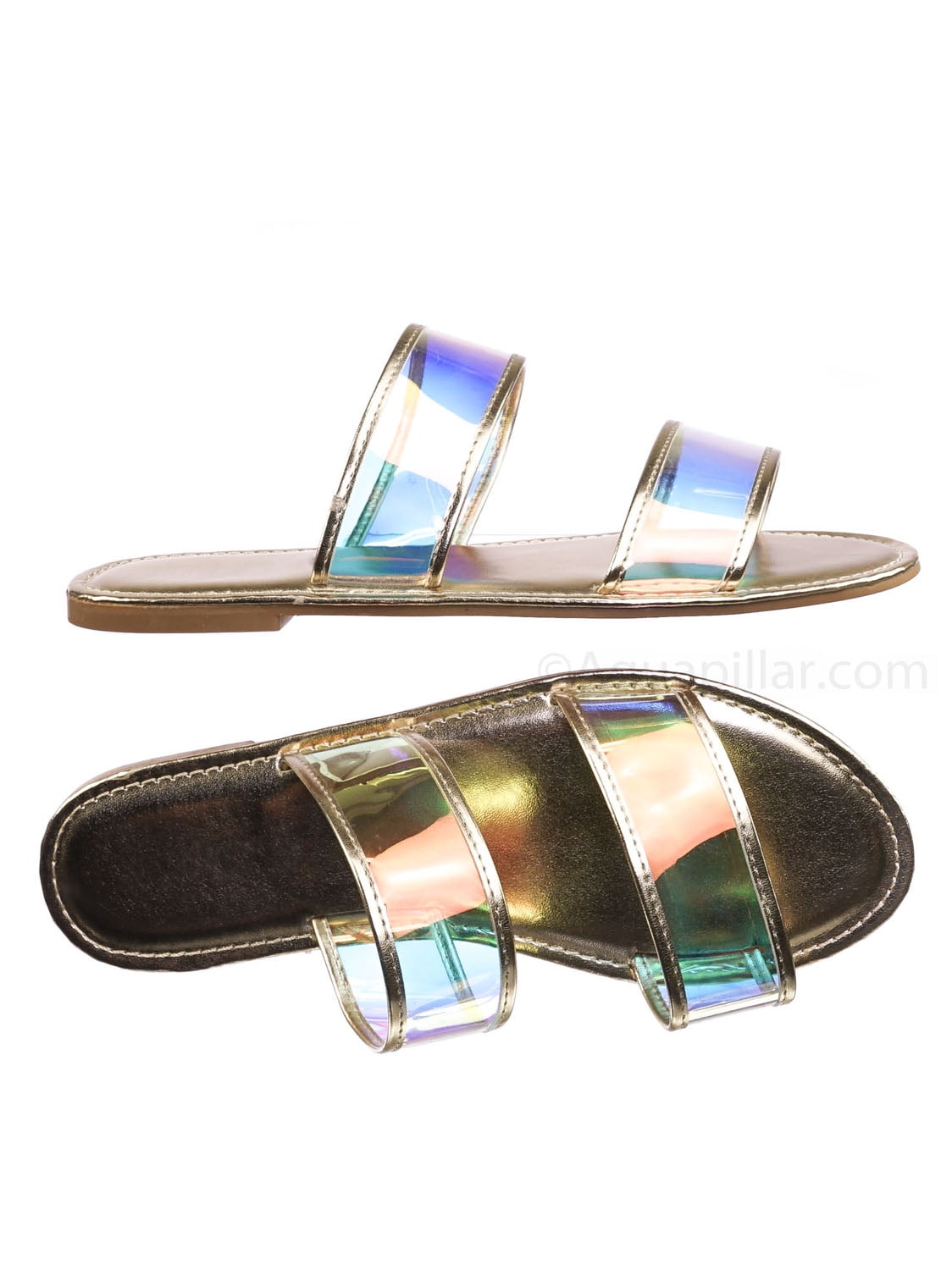 double buckle iridescent slide sandals