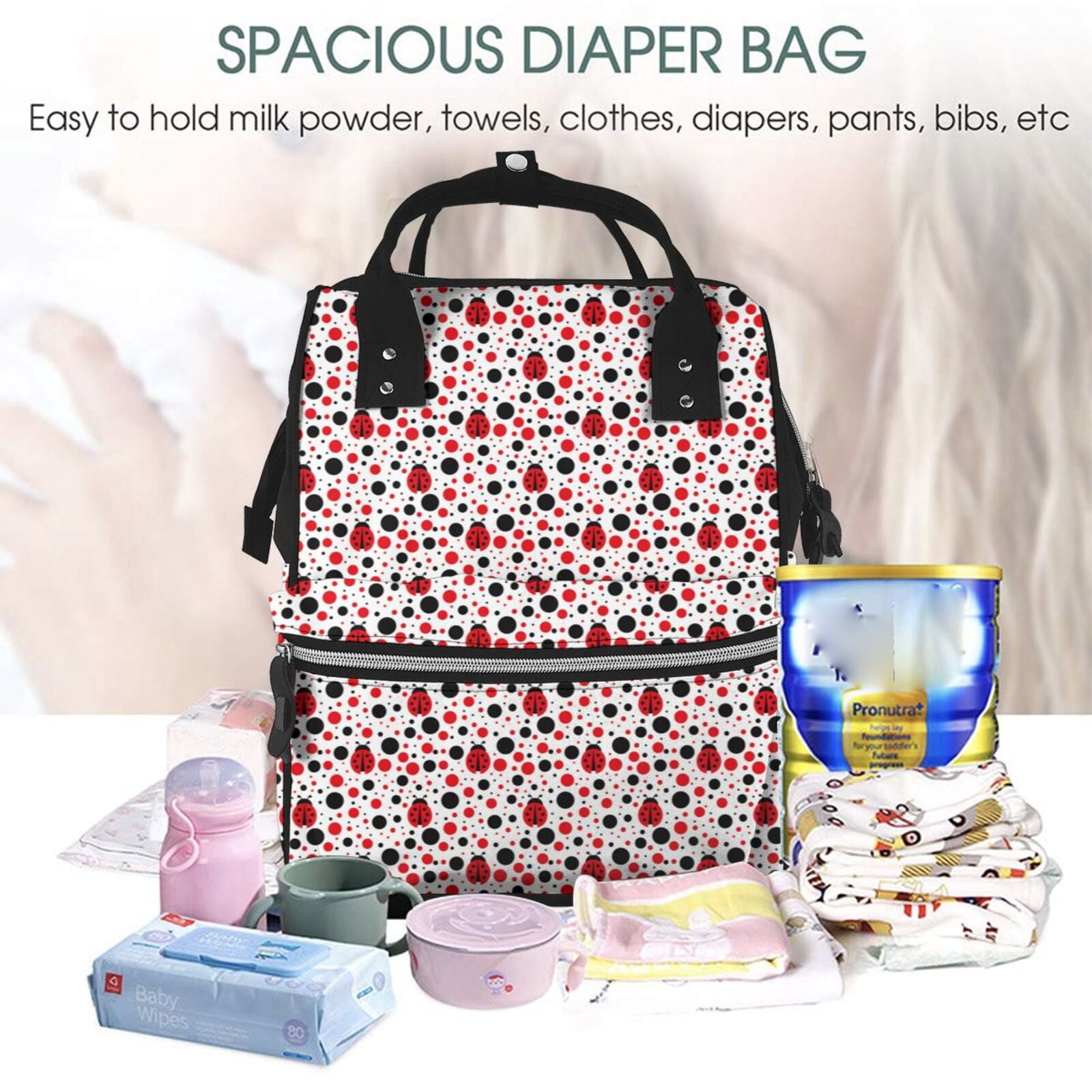 Ratiio Ladybugs 2 Mummy Backpack - Waterproof Twill Canvas, Large Capacity Diaper Bag with Multiple Pockets and Adjustable Straps